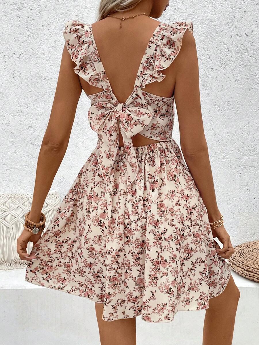floral printed ruffle trim hollow out back dress