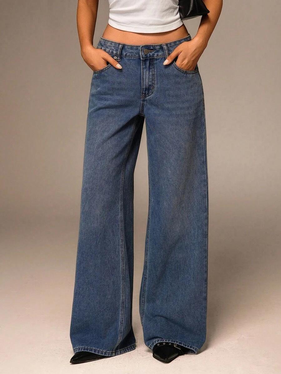 high-waisted wide-leg medium wash denim jeans