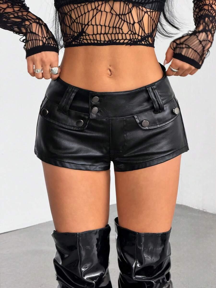 black faux leather coated casual fashion shorts