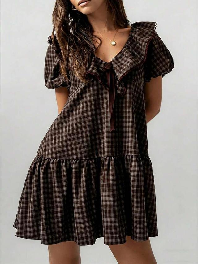 brown plaid cotton mini dress with ruffled collar