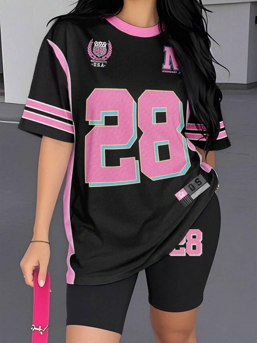 black pink graphic print oversized jersey set