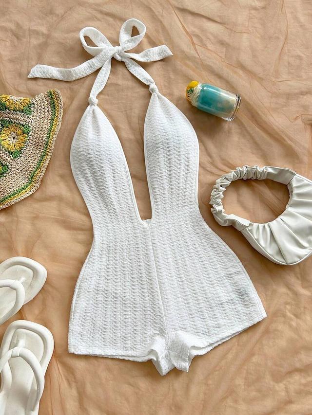 white textured halter neck playsuit