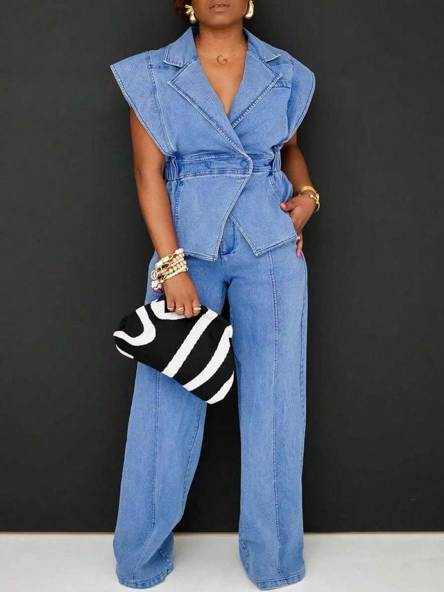 sleeveless denim blazer with matching wide-leg denim trousers