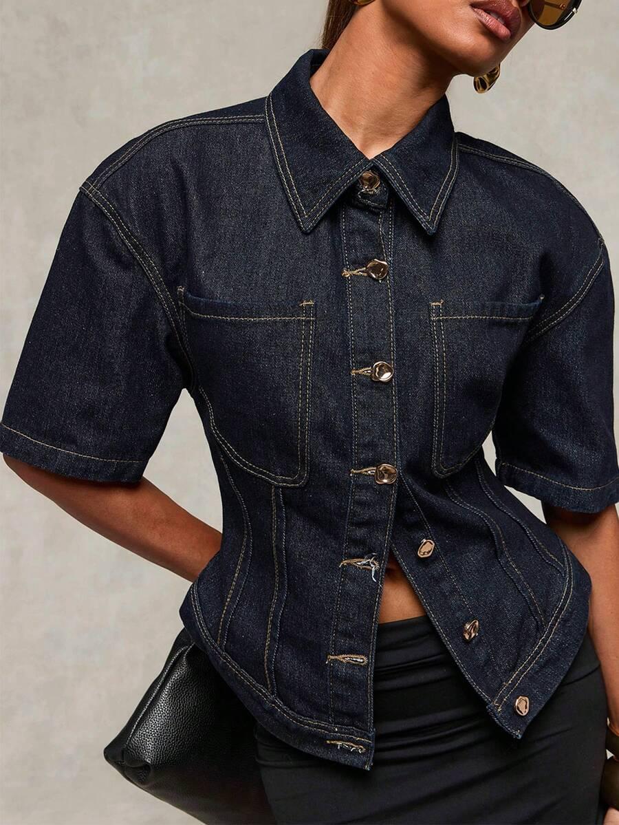 raw denim waist-cinching shirt with metal buttons