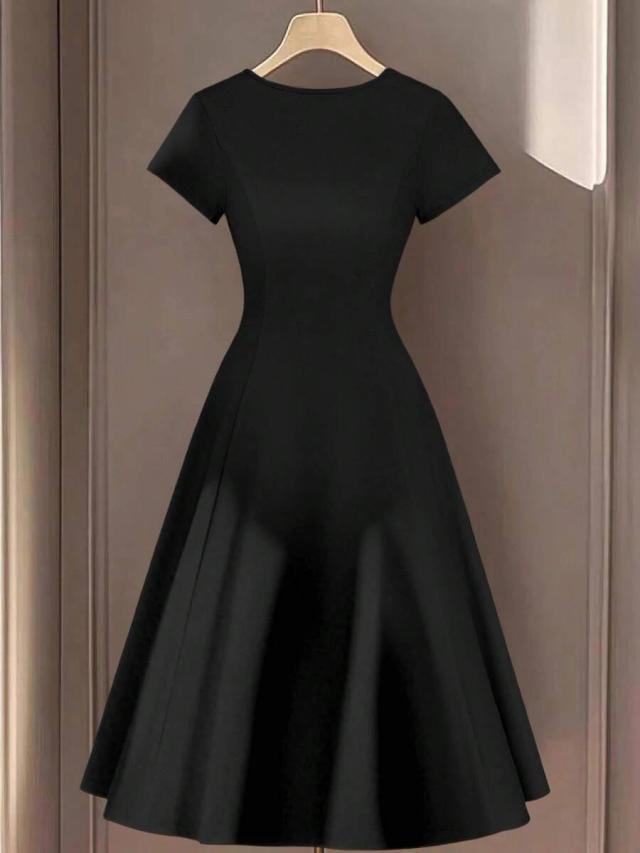 elegant round neck short sleeve solid black knit dress
