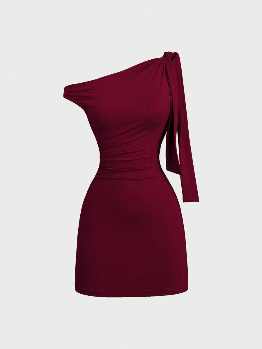 burgundy oblique shoulder flounce bodycon mini dress