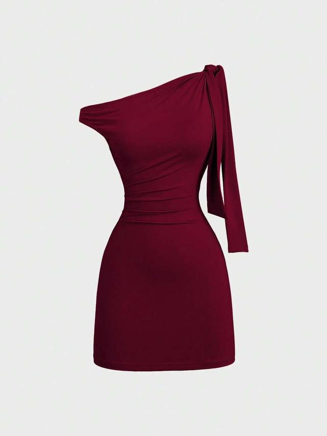 burgundy oblique shoulder flounce bodycon mini dress