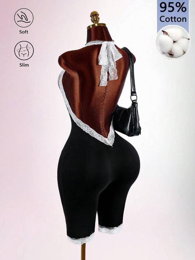 black and brown lace-trimmed halter bodysuit