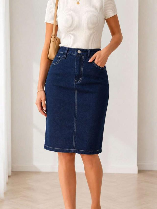 dark wash denim pencil skirt with contrast stitching