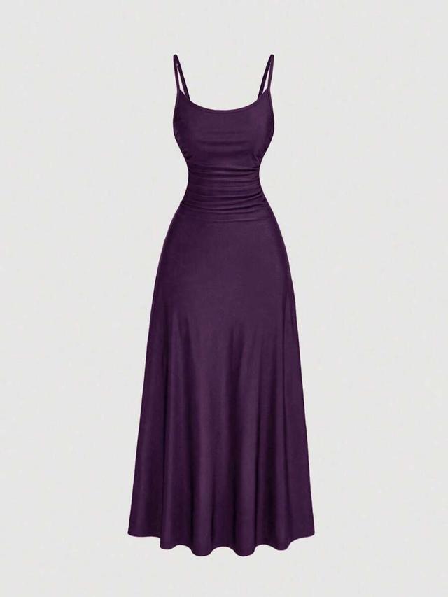 purple ruched waist flared spaghetti strap dress