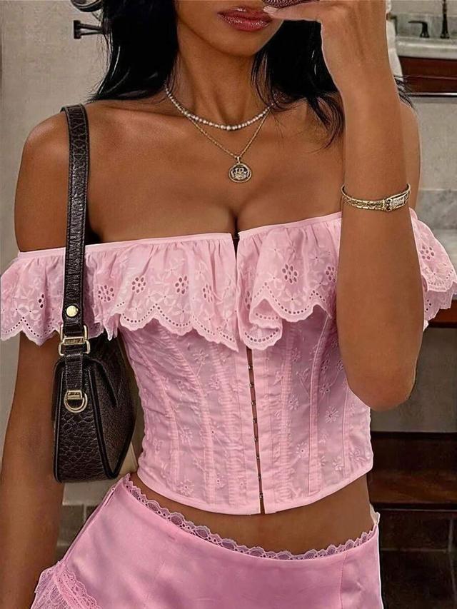 pink floral eyelet corset top with ruffled neckline