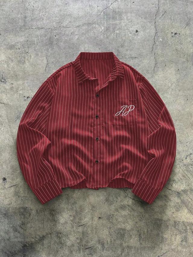 axepeak men's letter embroidered striped long sleeve shirt