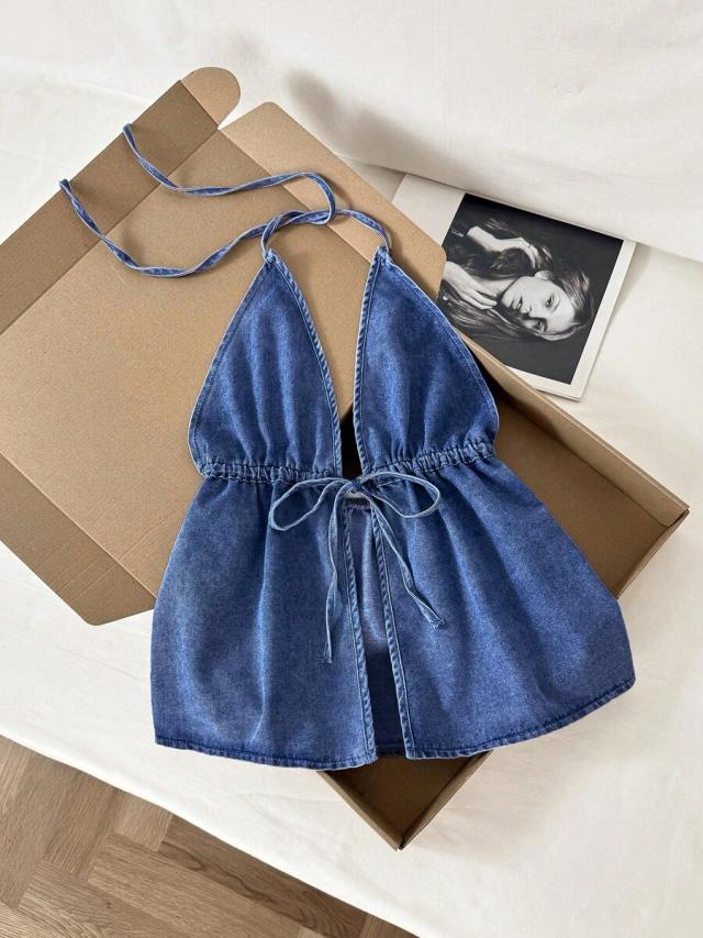 blue denim halter neck tie front tank top