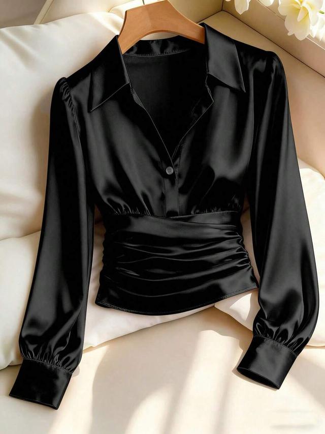 elegant black satin ruched waist long sleeve blouse