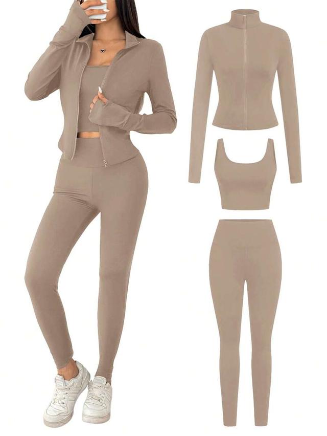 khaki knit zip-up jacket, tank top, and leggings set