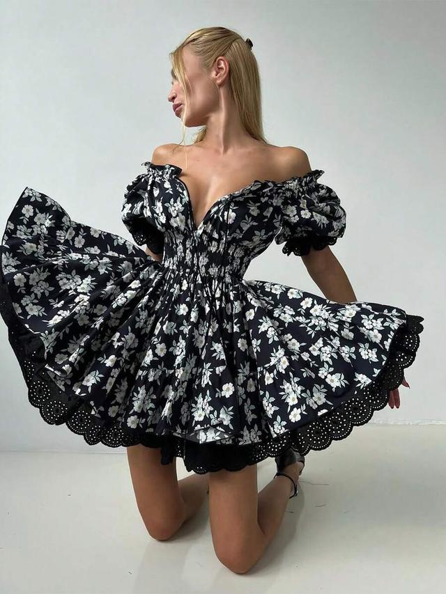 blue ditsy floral off-shoulder lace trim mini dress