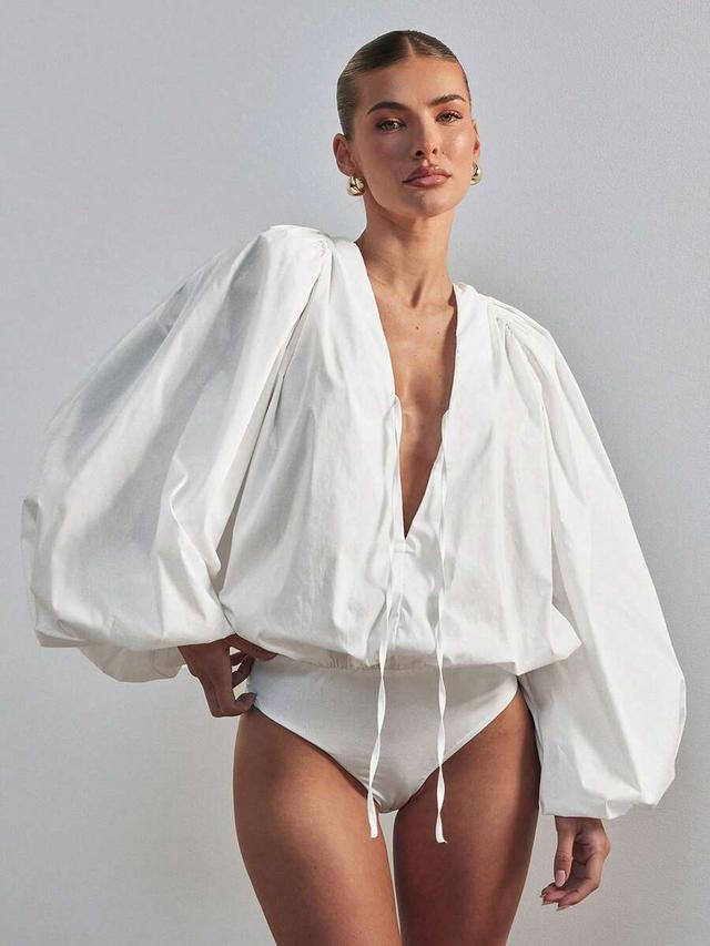 white cotton balloon sleeve deep v neck bodysuit