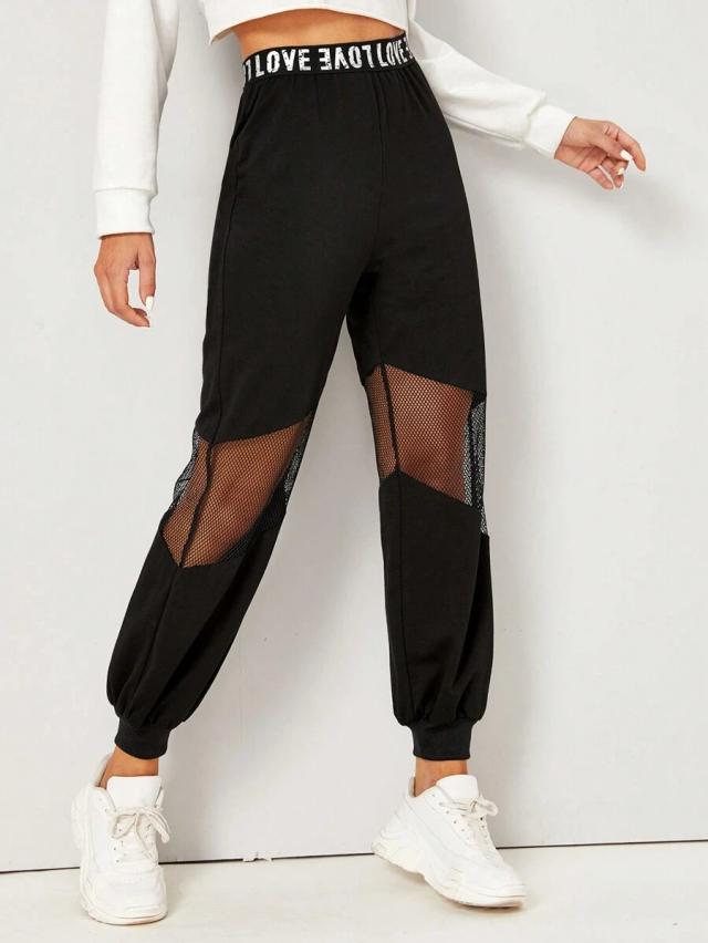 black letter graphic waist fishnet panel joggers