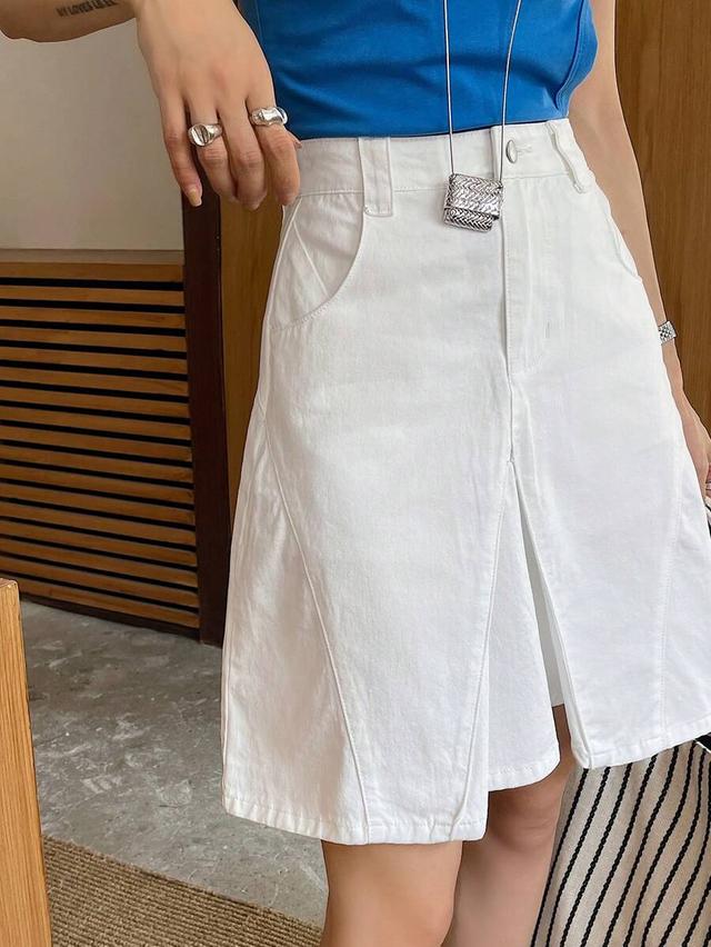 white pleated denim skirt with panel detailing