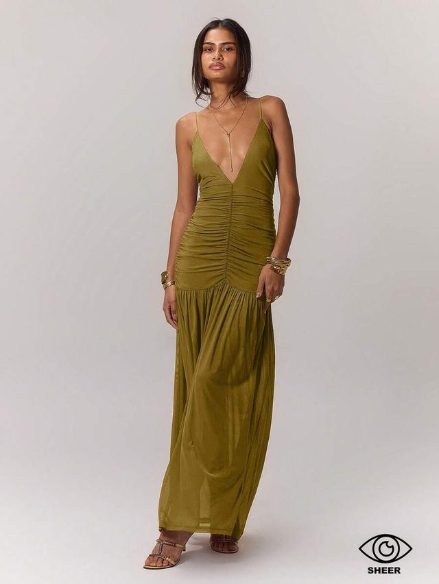 olive green ruched midi slip dress