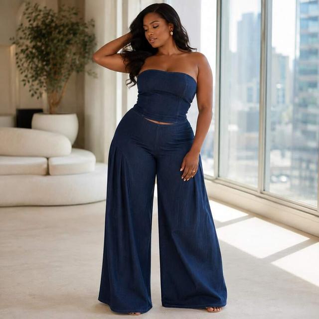 dark indigo denim strapless tube top and wide-leg jeans