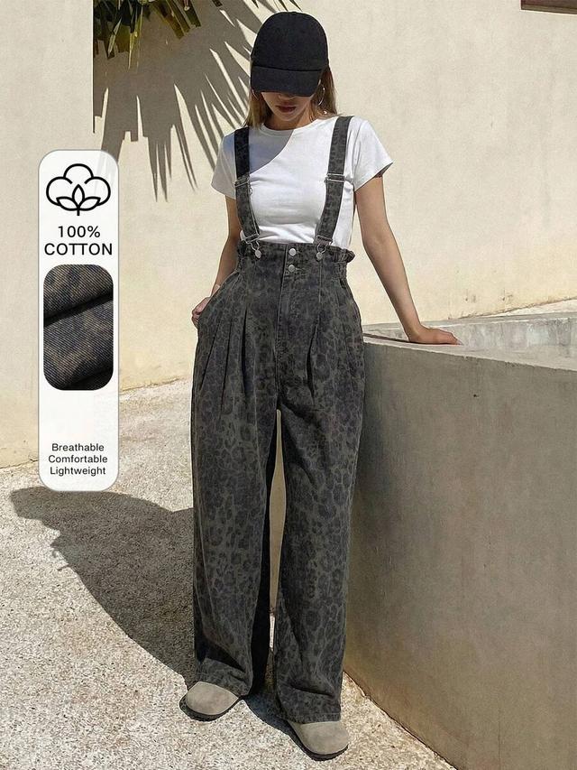 leopard print loose adjustable denim bib pants