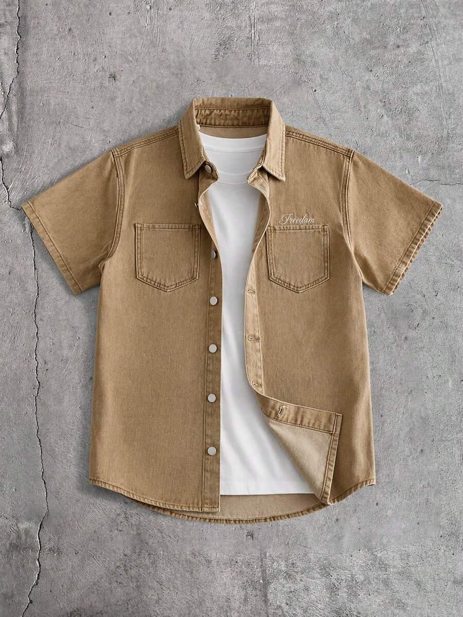 khaki denim short sleeve button-up shirt