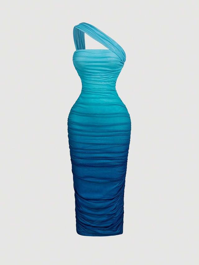 ombre ruched bodycon one shoulder mesh dress