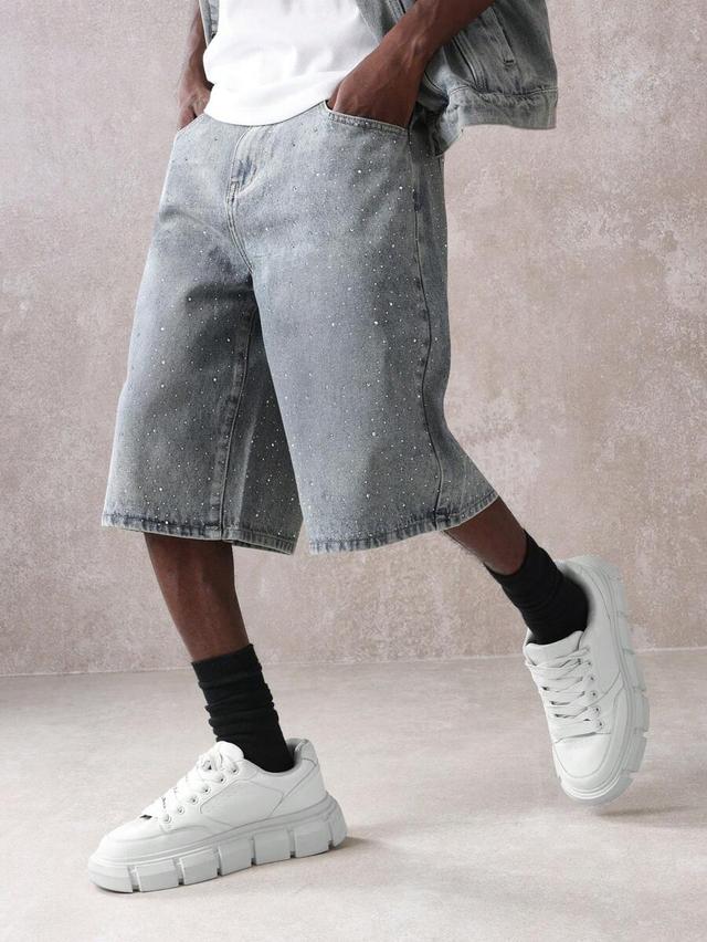 sparkle embellished baggy denim bermuda shorts