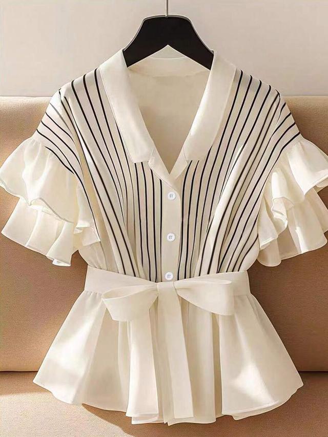 striped ruffle hem blouse with waist tie
