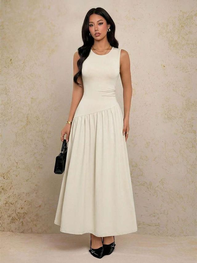 sleeveless beige waist cinched midi dress
