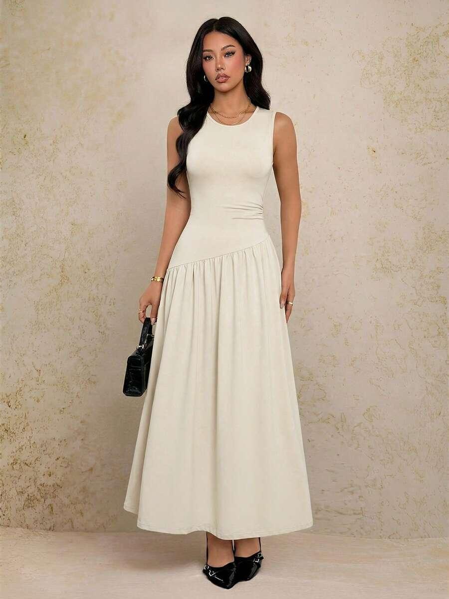 sleeveless beige waist cinched midi dress