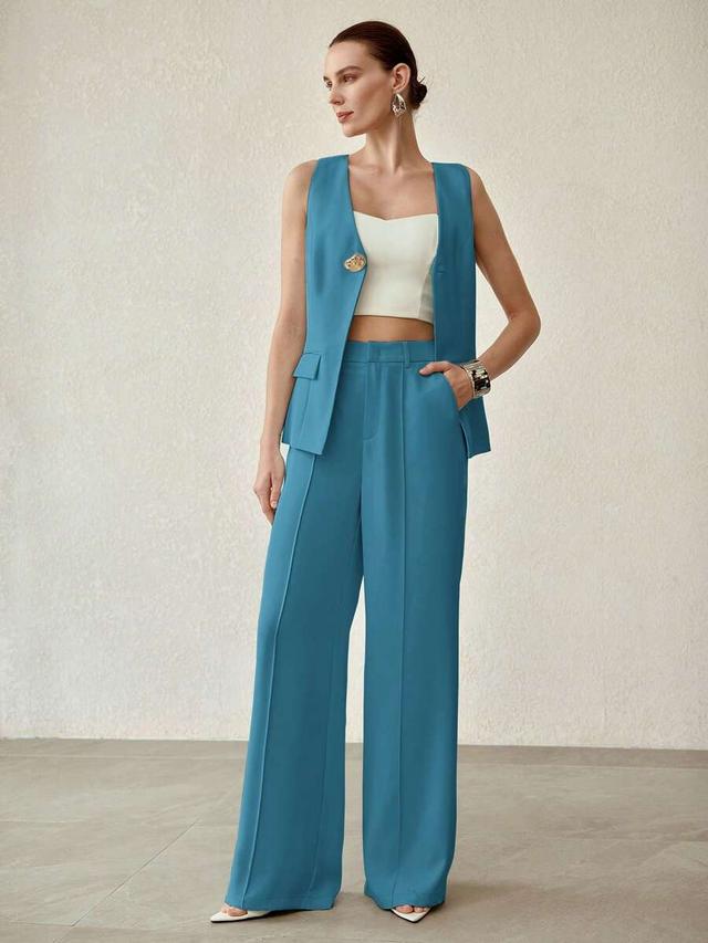 teal sleeveless vest and wide leg trouser set