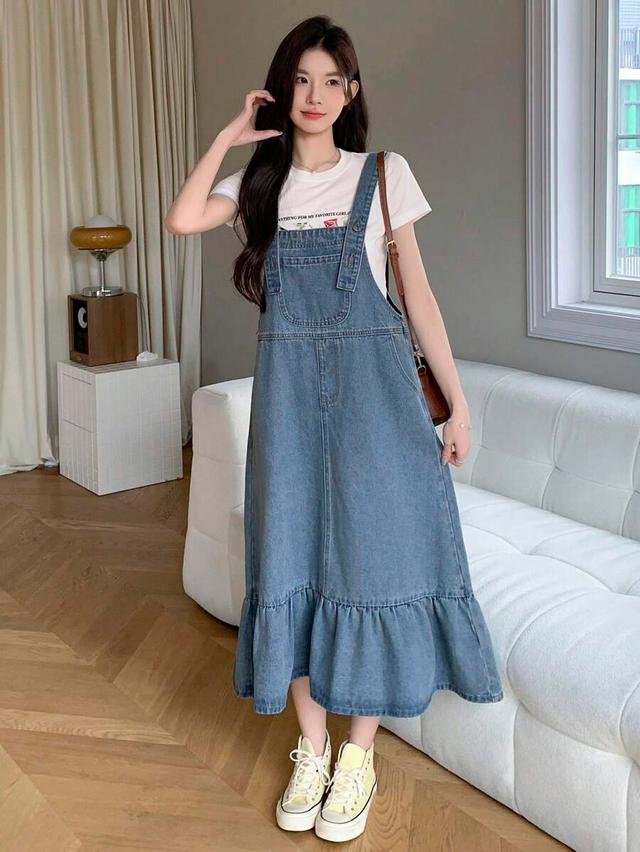 casual denim pinafore maxi dress with ruffle hem
