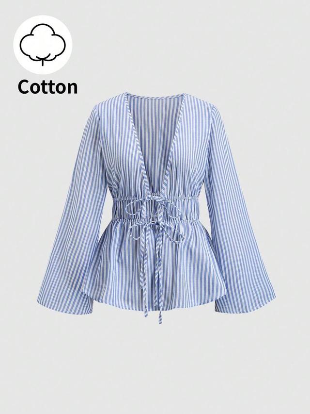 blue and white stripe cotton v-neck tie-waist flare sleeve shirt