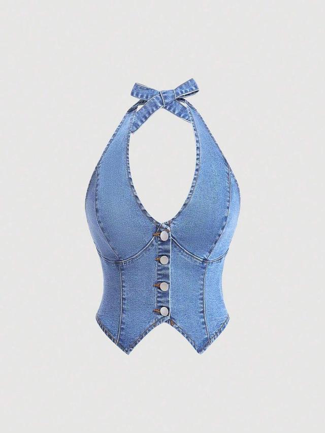 casual halter neck button front denim blouse