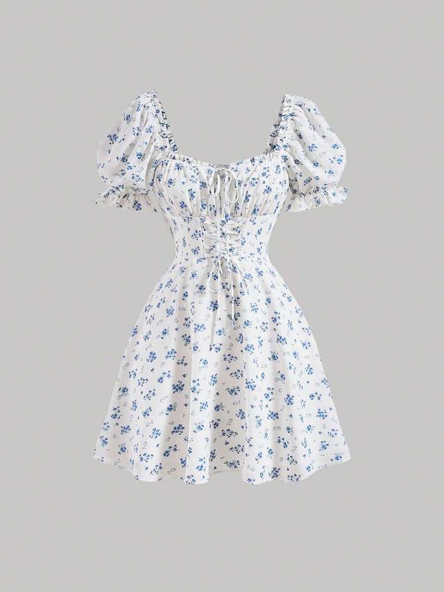 ditsy floral print tie front puff sleeve dress
