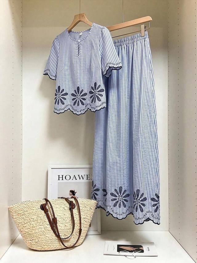blue and white stripe boho two-piece set