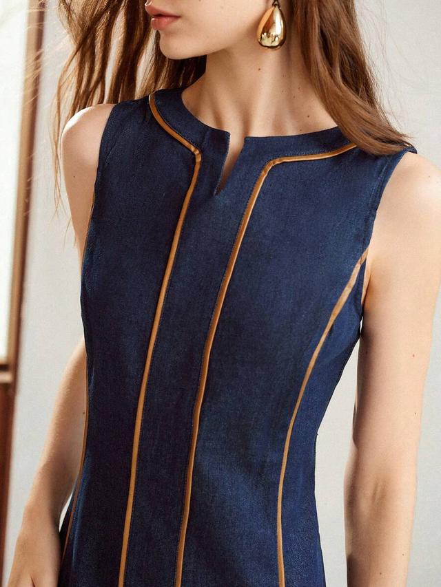 dark denim sleeveless dress with contrast piping