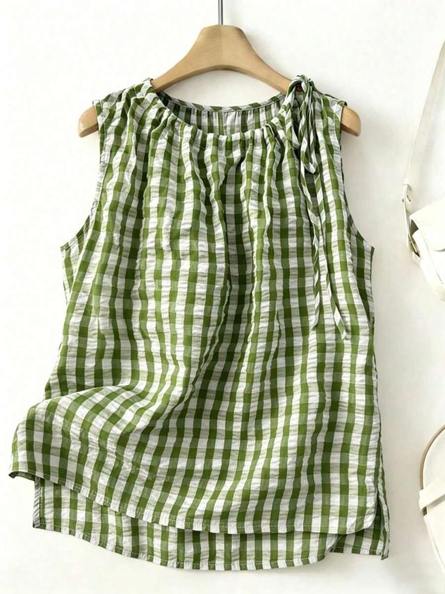 green plaid sleeveless drawstring crew neck tank top