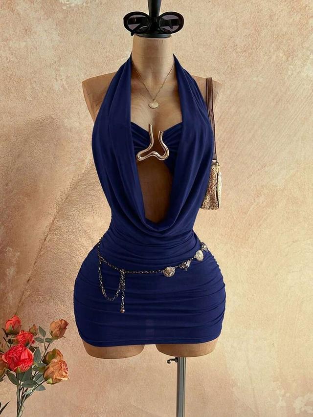 navy blue draped halter mini dress with metal hardware