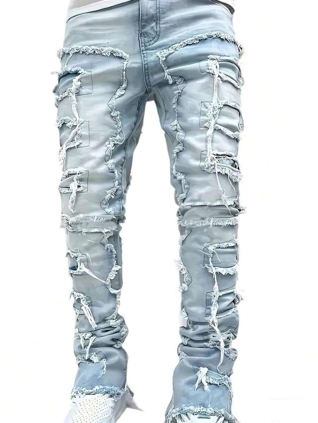 men's high-street distressed light wash slim biker jeans