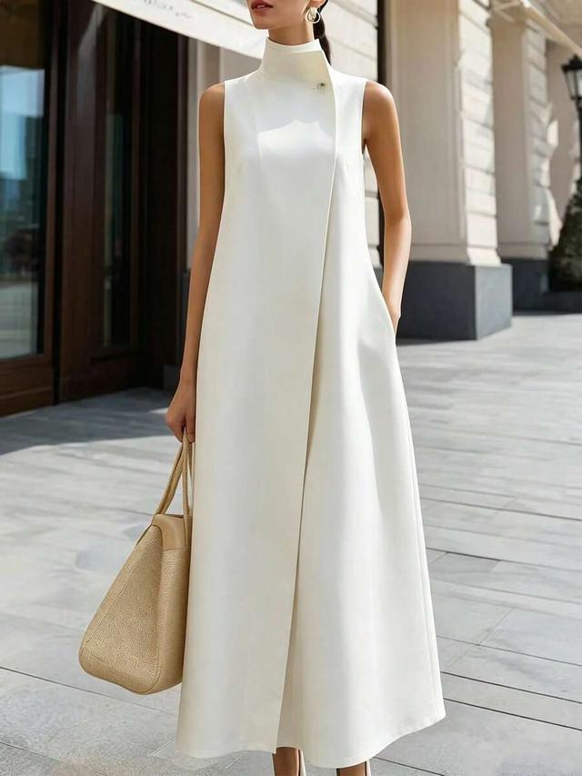 minimalist white sleeveless stand collar long dress