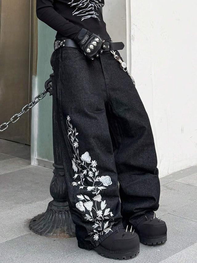 black embroidered wide leg denim jeans