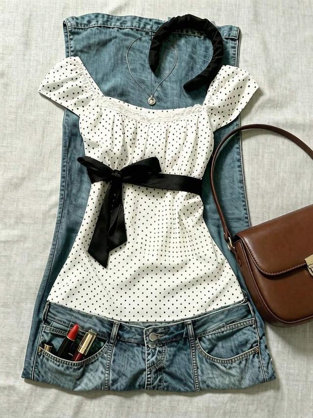 navy blue polka dot square collar puff sleeve blouse