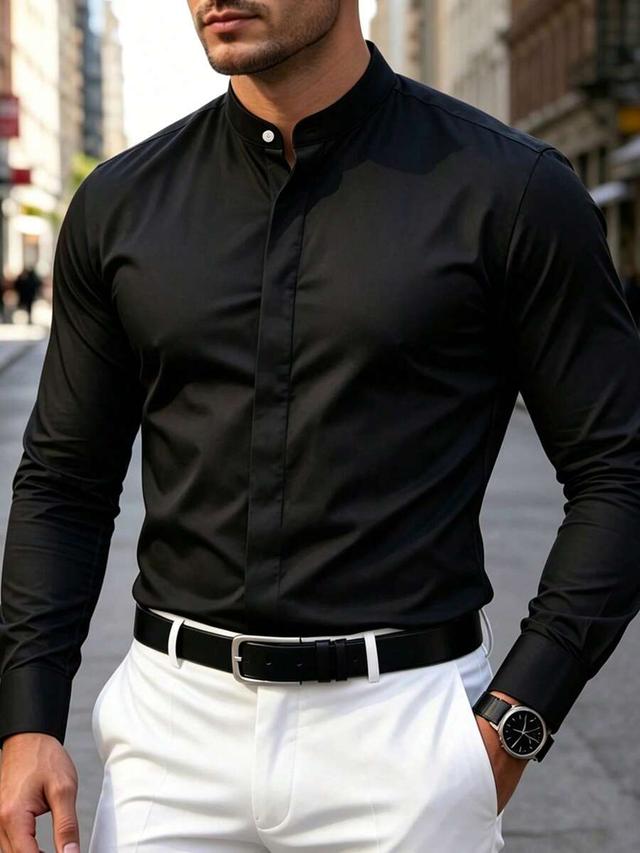 men's black mandarin collar hidden button long sleeve shirt