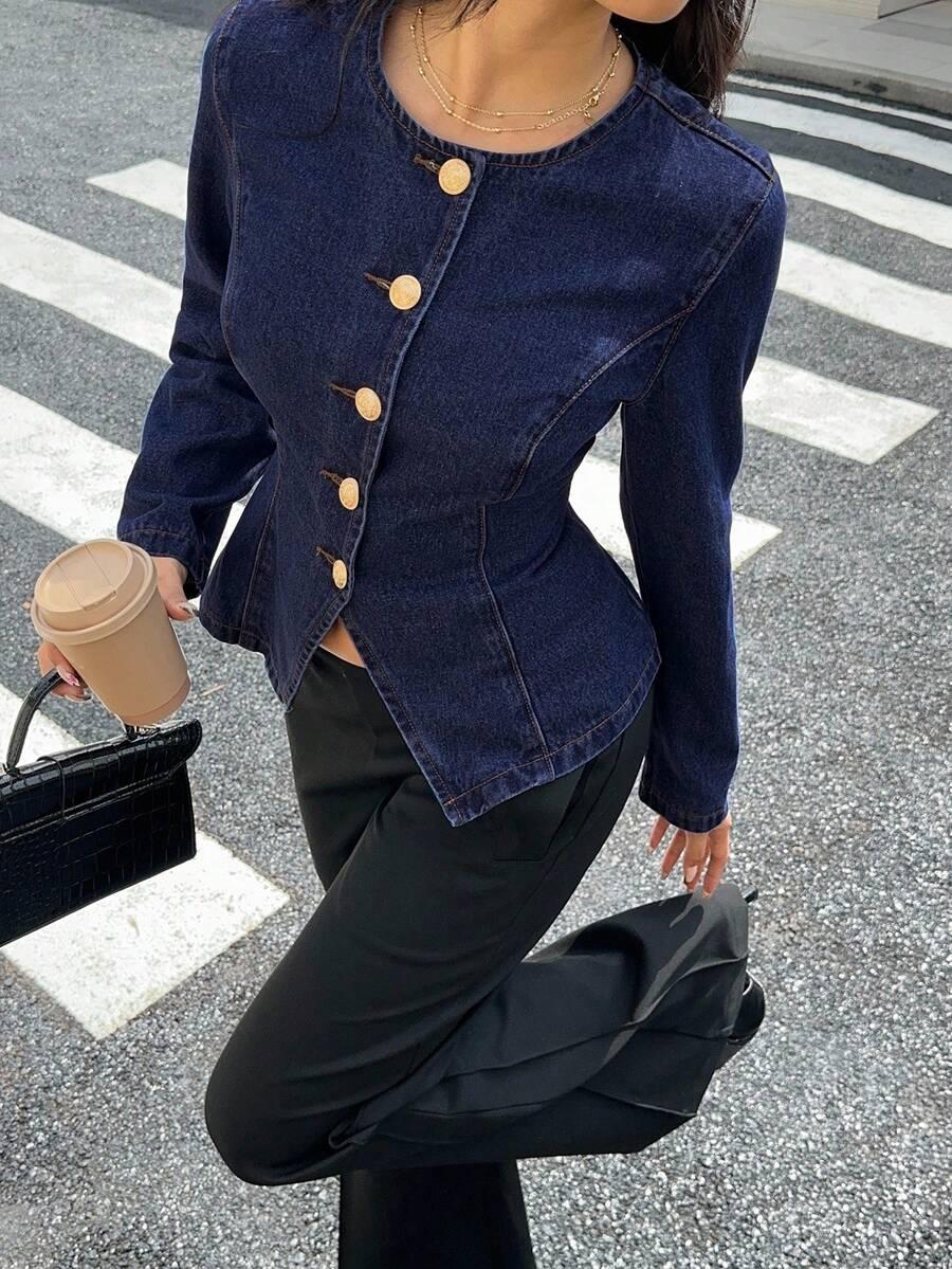 dark wash denim peplum jacket with gold buttons