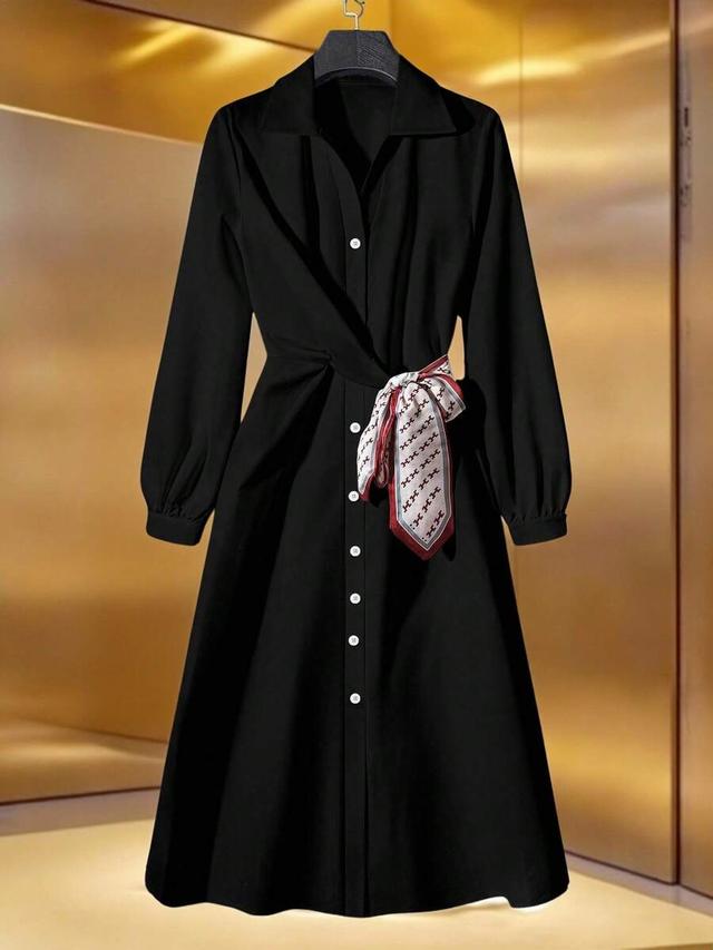 solid black cotton shirt dress with scarf detail
