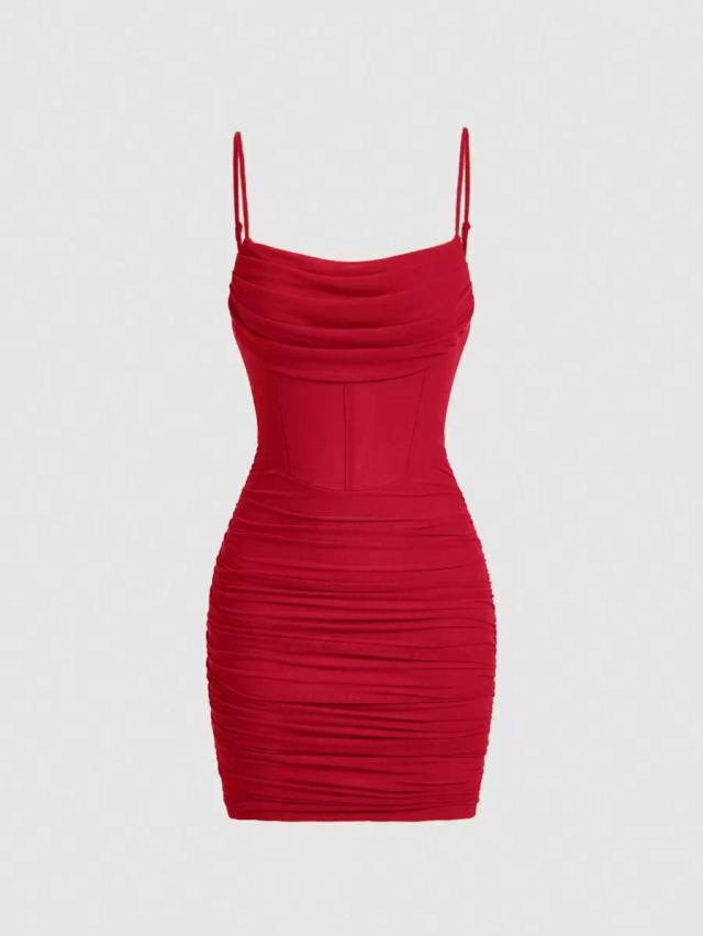 red ruched mesh bodycon mini cami dress
