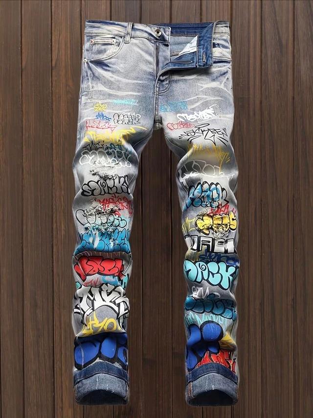 graffiti print slim fit ripped denim jeans